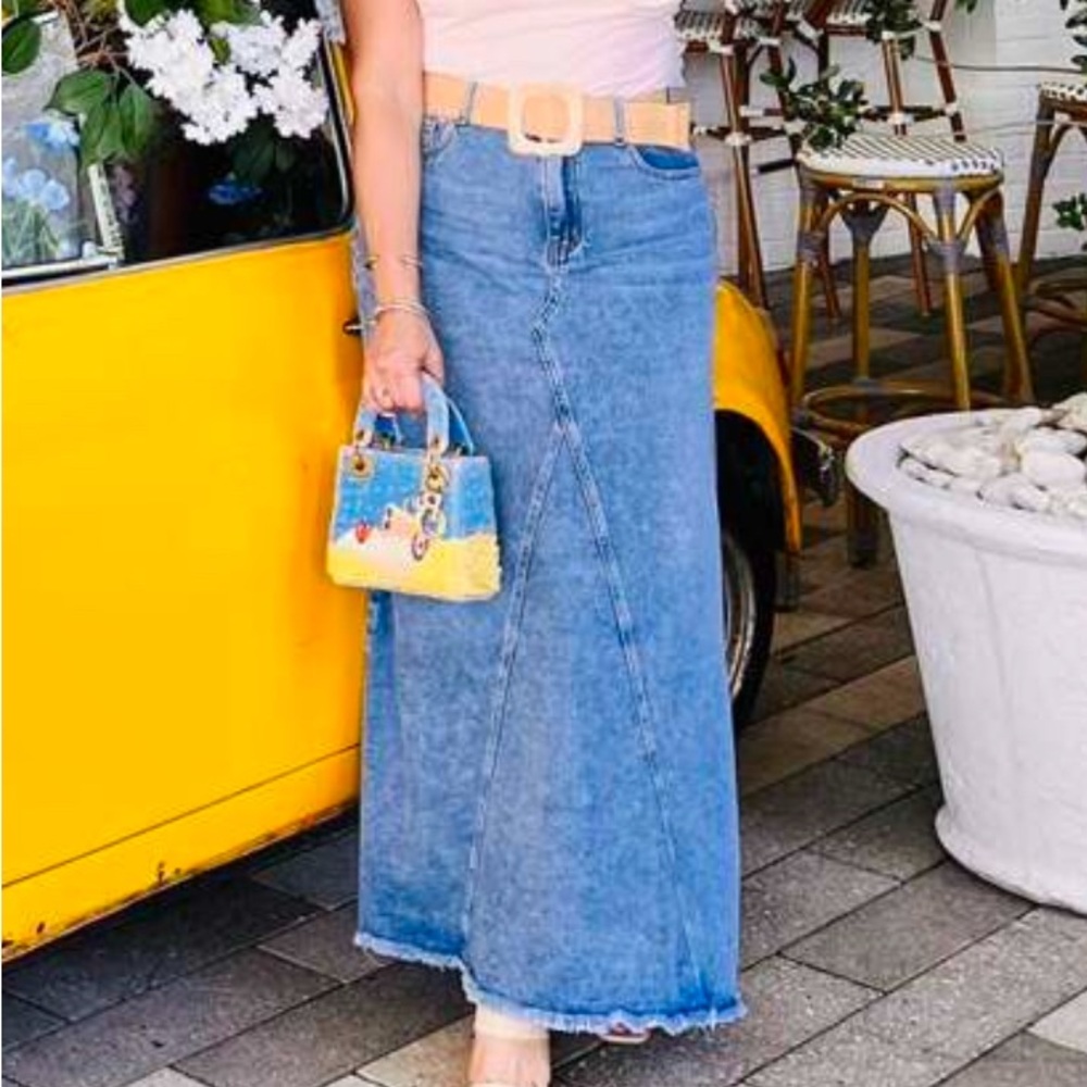 Boho Light Blue Raw hem Jean Denim Pockets Maxi Skirt - Picture 7 of 11